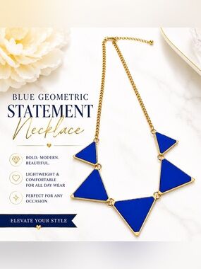 Blue Geometric Statement Necklace Gold Tone Triangle Bib Necklace/9in